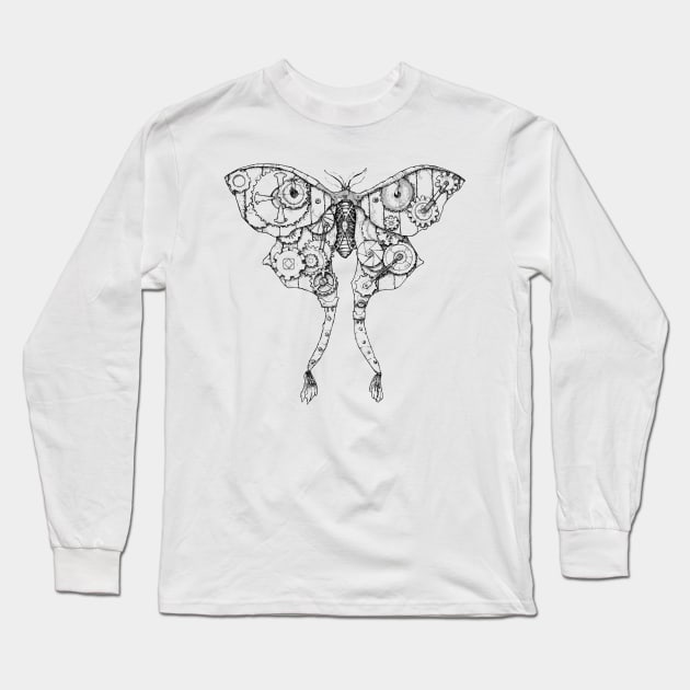 Steampunk Luna Moth (Black Lineart) Long Sleeve T-Shirt by SamDeaconArt